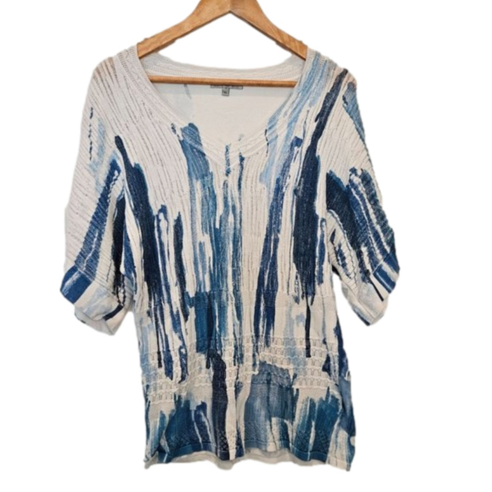 Alberto Makali Blue Shades of Watercolor on White Top Print, Short Sleeve, XL